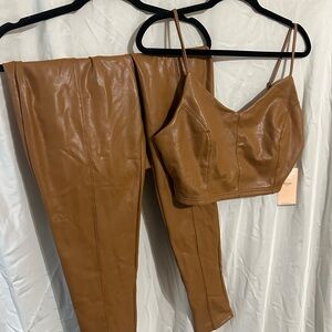 Brown faux leather Women's two piece set